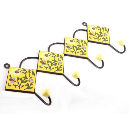 Yellow And Forest Green Leaf Ceramic Floral Tiles Hooks